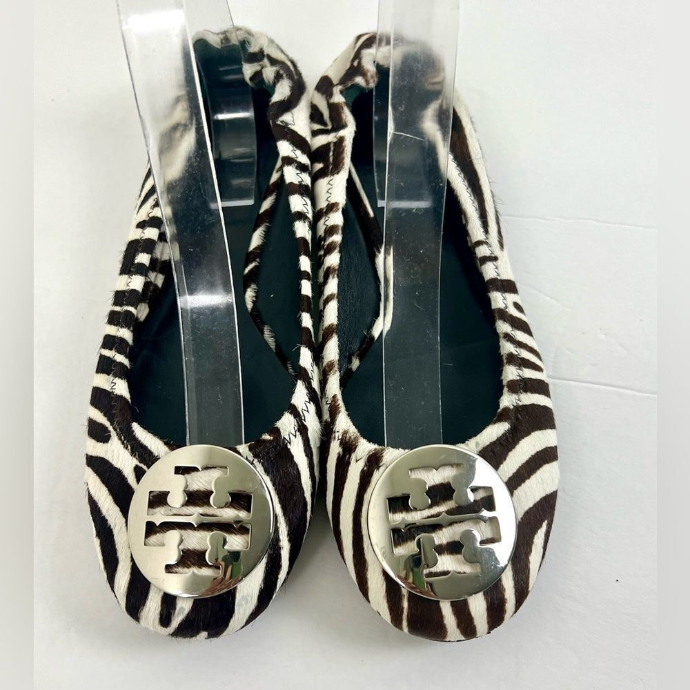 Tory Burch Zebra Print Ballet Flats with Silver Logo - Picture 3 of 11